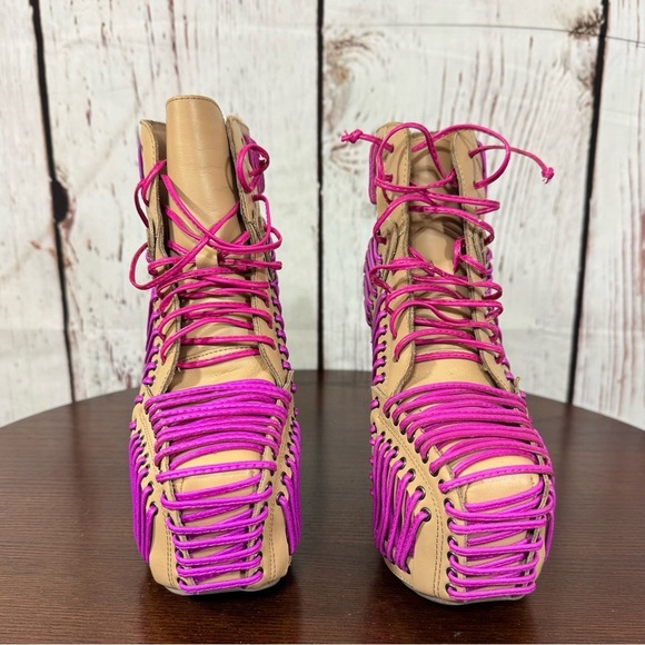 JEFFREY CAMPBELL LITA LACED in Neon Pink & Purple On Tan Leather Ankle Boots 6.5 - Picture 14 of 16